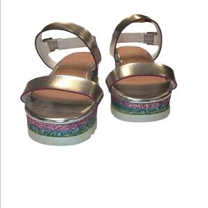 One Nation girls sandals size 2 silver strap glittery rainbow colors on side